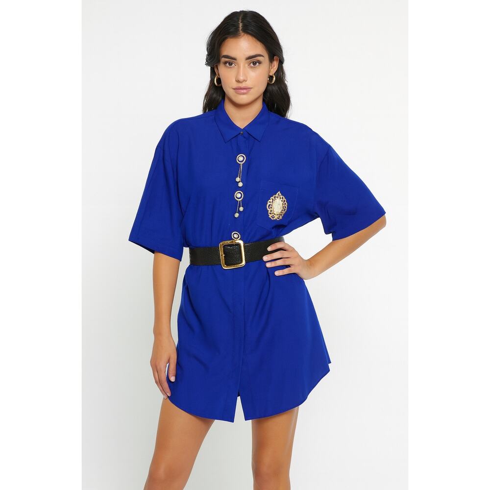 Vintage Gina Royal Blue Cameo Blouse / dress Pearl & Gold Chain Accents Medium